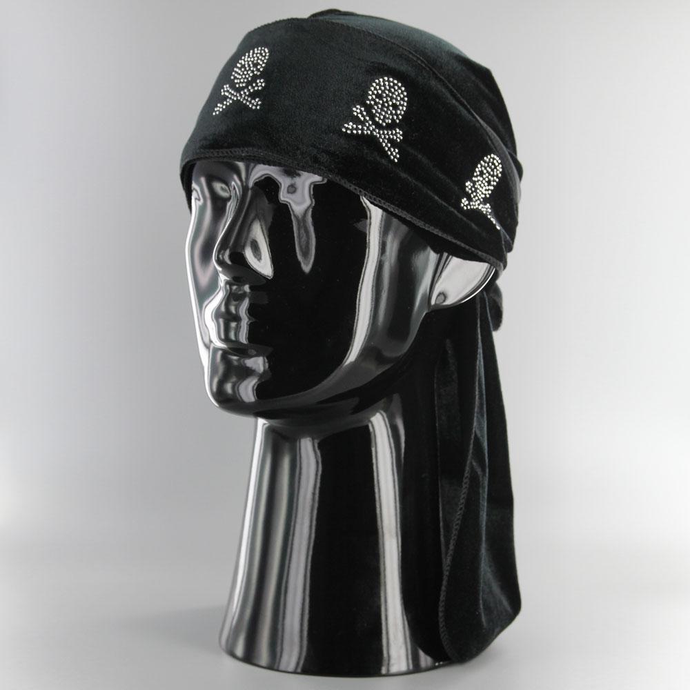 Rhinestone Skull Velvet Du-Rag black - Shop-Tetuan