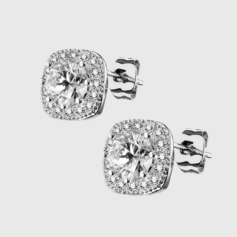 Round Centered Paved Outlined Square Post Earring Studs clear - Shop-Tetuan