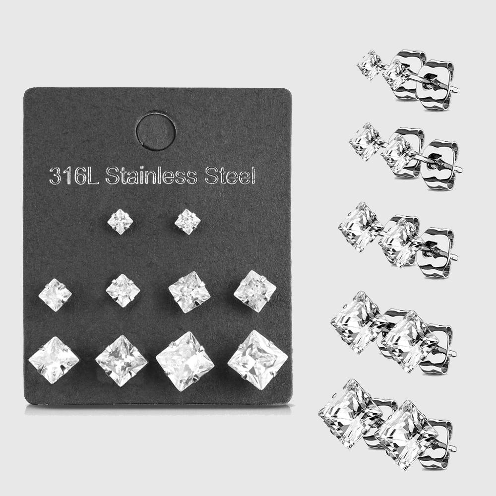 5 Pairs of Assorted Sizes Prong Set Square CZ Stud Earrings Pack steel/clear - Shop-Tetuan
