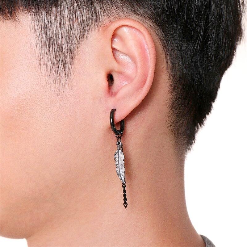 Tribal Feather Chain Round Clicker Hoop Earring Stainless Steel black