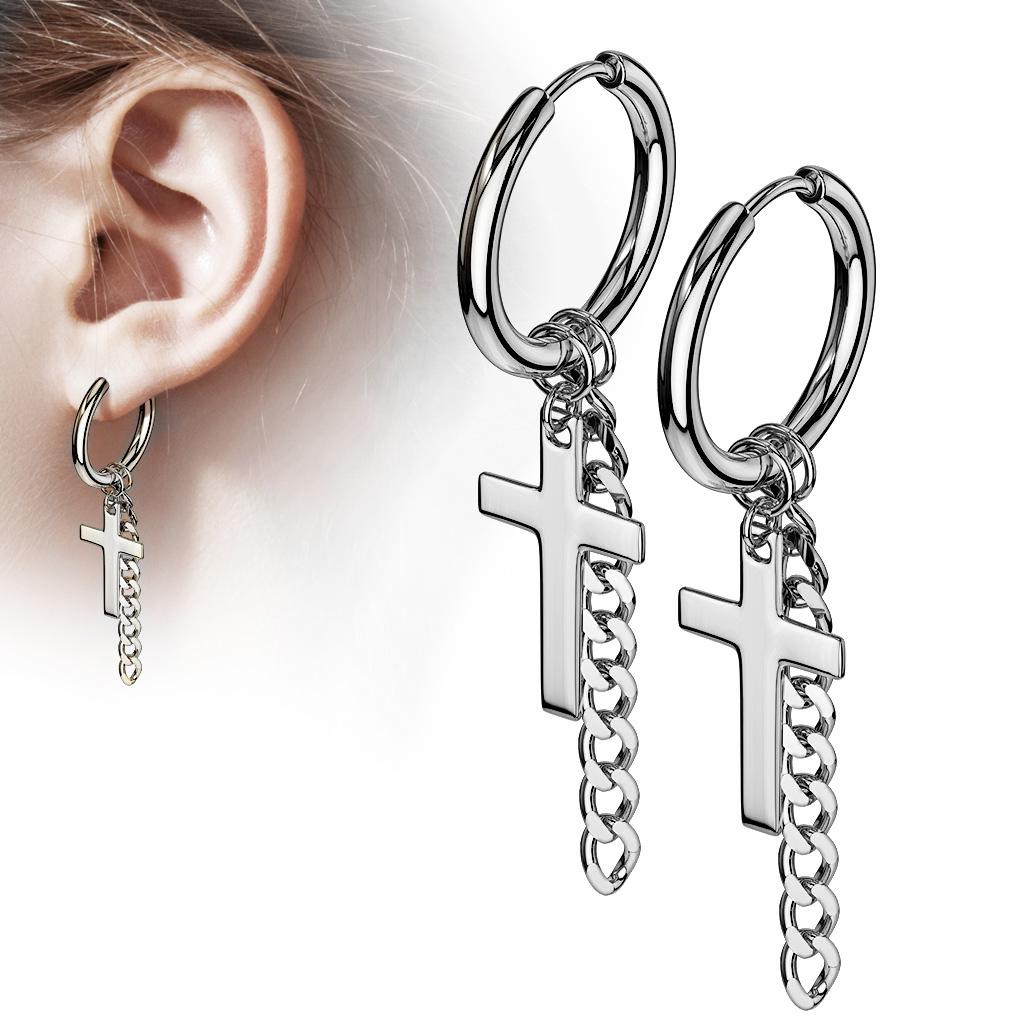 Cross and Chain Dangle Hinge Action Seamless Hoop Earrings steel - Shop-Tetuan
