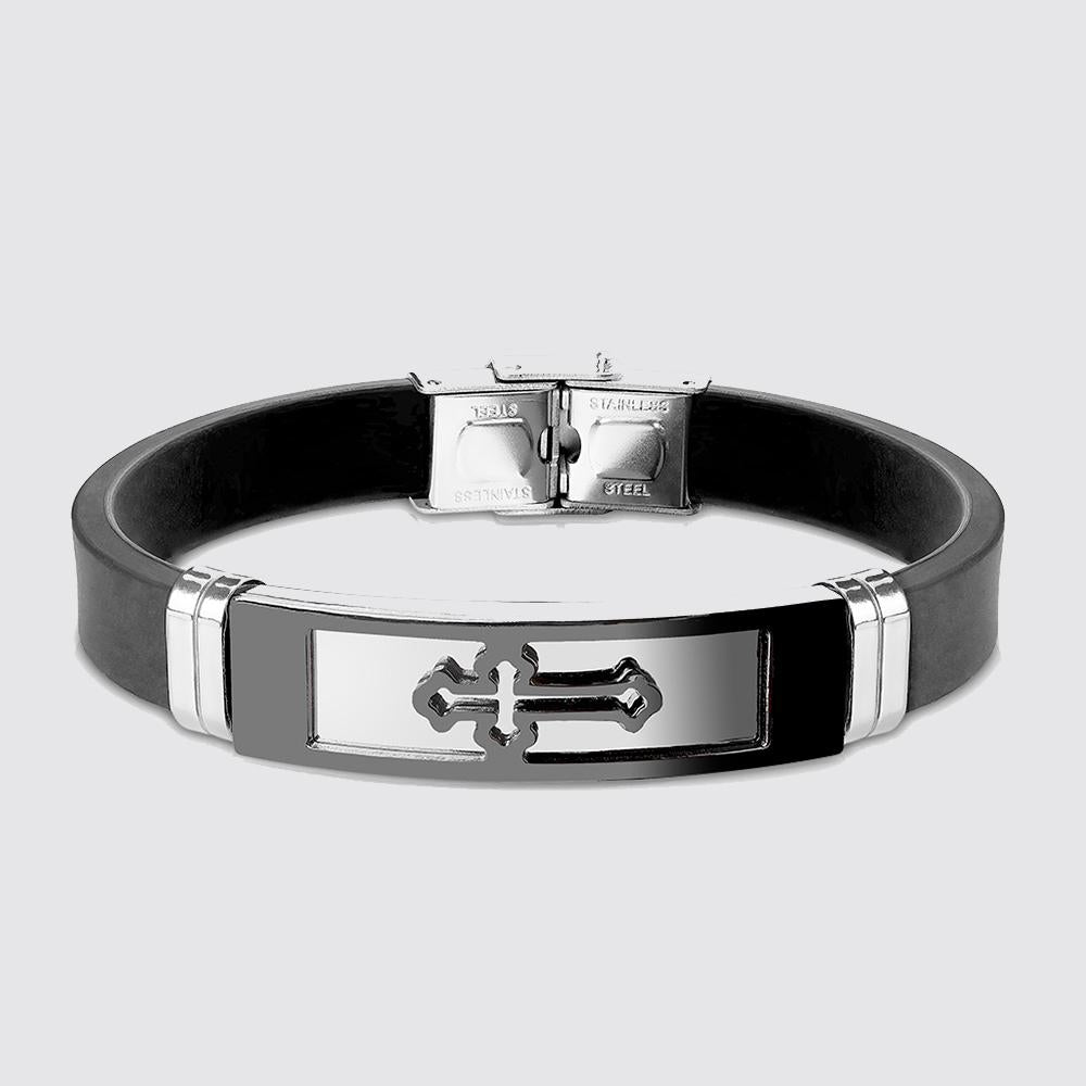 Cross Embossed Steel Plate With Silicon Rubber Strap Bracelet black - Shop-Tetuan
