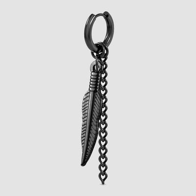 Tribal Feather Chain Round Clicker Hoop Earring Stainless Steel black