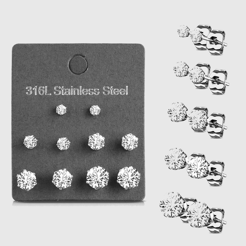 5 Pairs of Assorted Sizes Prong Set Round CZ Stud Earrings Pack steel/clear - Shop-Tetuan