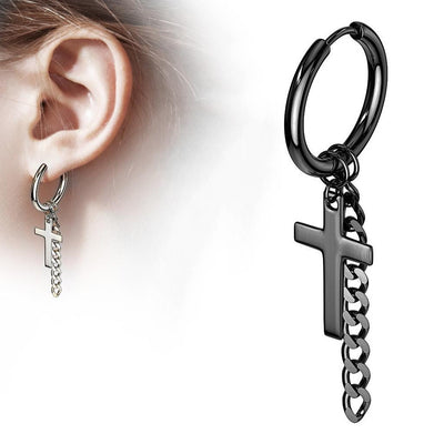 Cross and Chain Dangle Hinge Action Seamless Hoop Earrings black - Shop-Tetuan