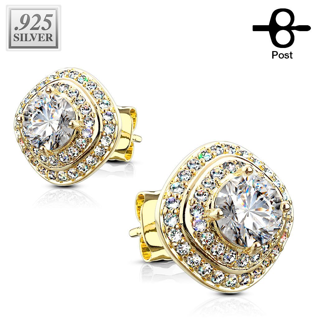 Pair of .925 Sterling Silver CZ Paved Triple Tier Square Stud Earrings gold/clear