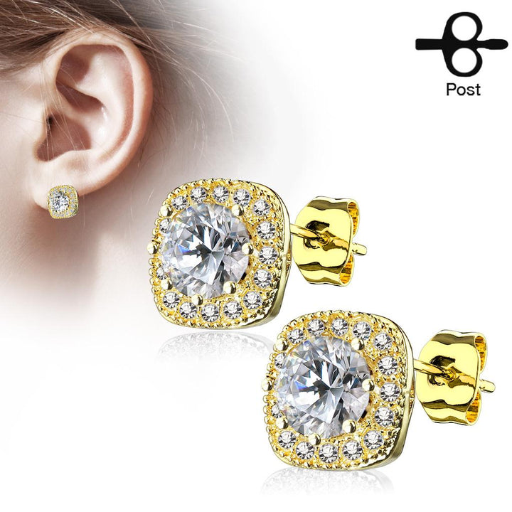 Round Centered Paved Outlined Square Post Earring Studs gold - Shop-Tetuan