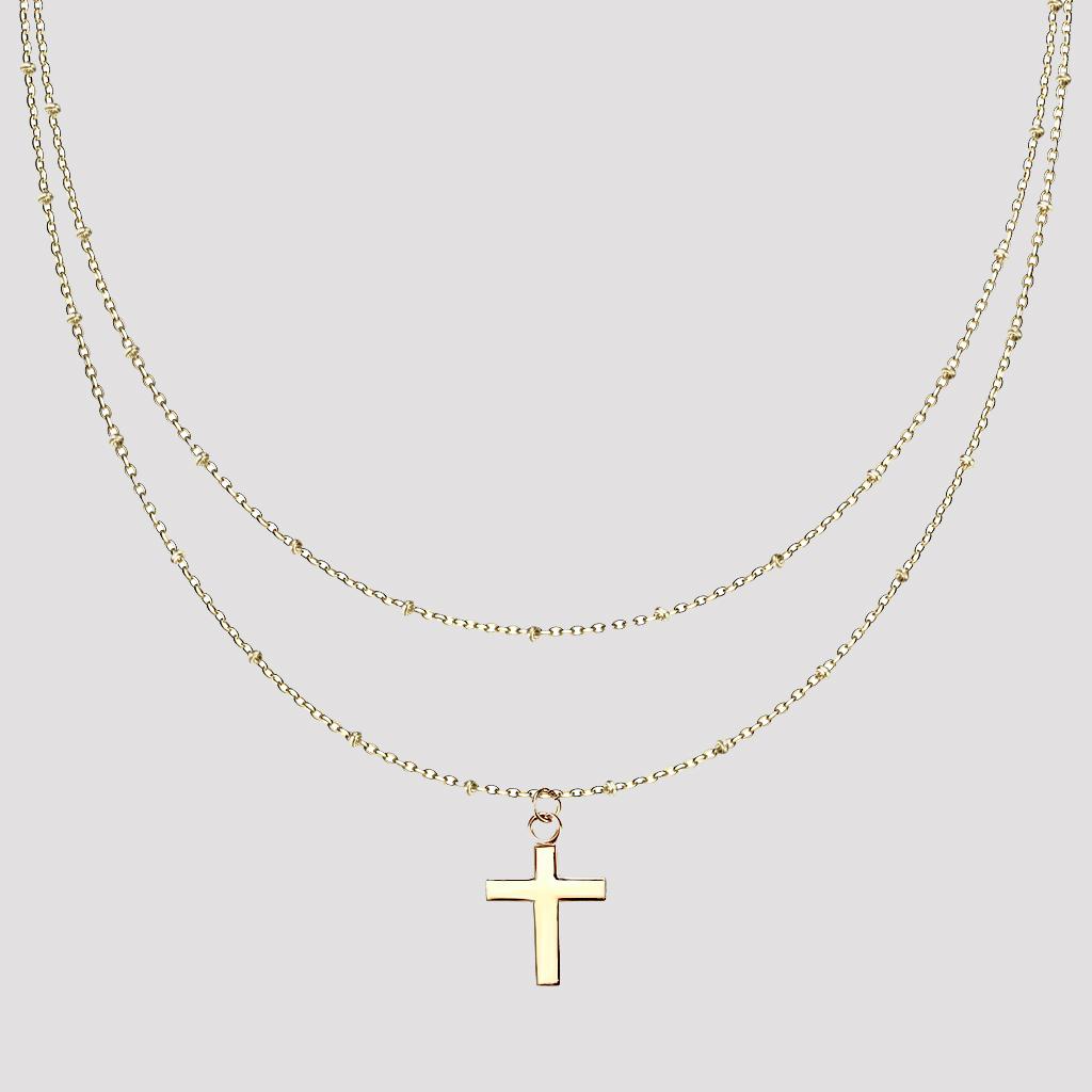 Cross pendant with petite beads on double layered necklace gold - Shop-Tetuan
