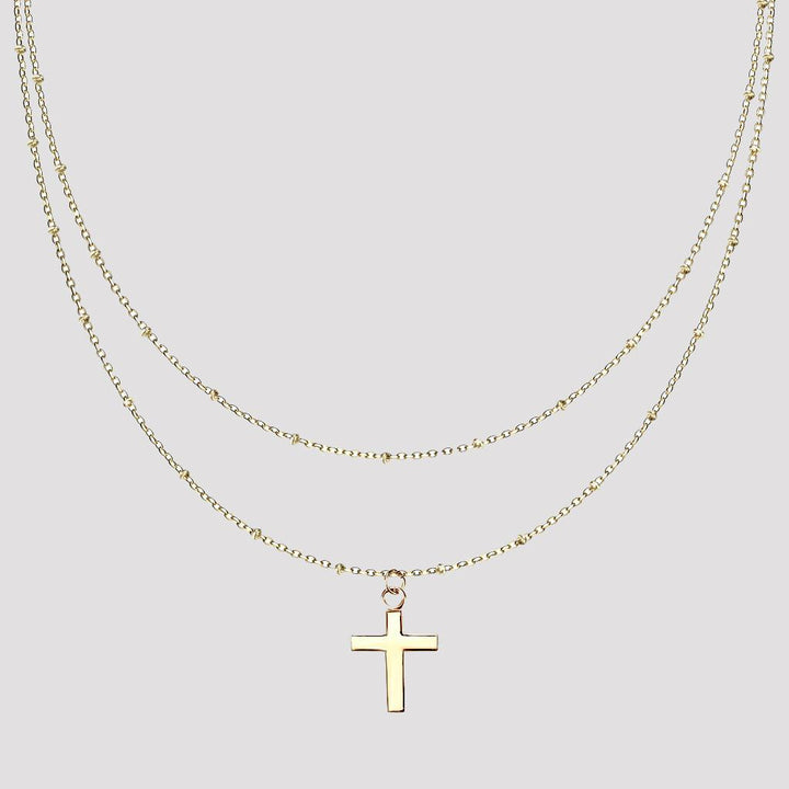 Cross pendant with petite beads on double layered necklace gold - Shop-Tetuan