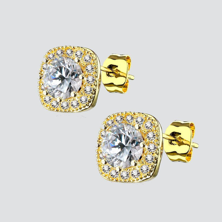 Round Centered Paved Outlined Square Post Earring Studs gold - Shop-Tetuan