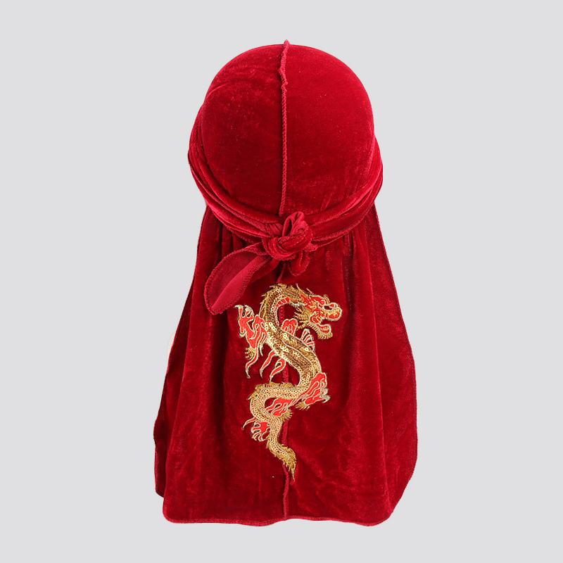 Du-Rag Dragon Design Long Tie Velvet wine red - Shop-Tetuan