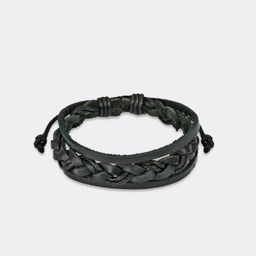 Leather Bracelet with Double Strings Weaved Center black - Shop-Tetuan