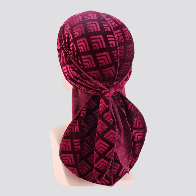 Square Pattern Velvet Du-Rag wine red - Shop-Tetuan