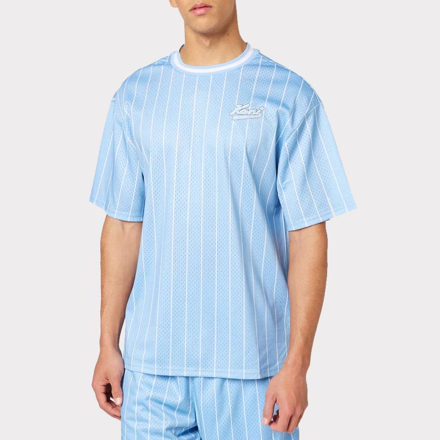 Karl Kani Chest Varsity Pinstripe Mesh tee light blue/white - Shop-Tetuan