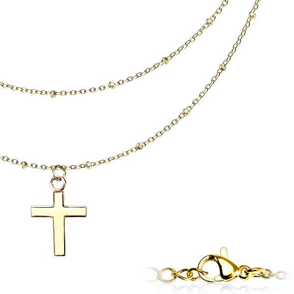 Cross pendant with petite beads on double layered necklace gold - Shop-Tetuan