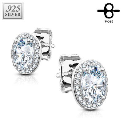 Pair of .925 Sterling Silver CZ Paved Double Tier Oval Solitare CZ Earrings - Shop-Tetuan
