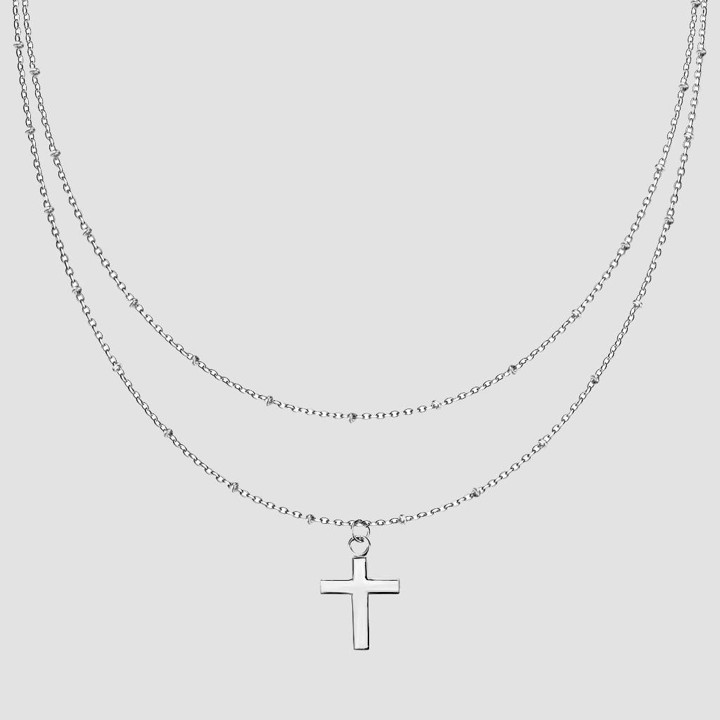 Cross pendant with petite beads on double layered necklace steel - Shop-Tetuan
