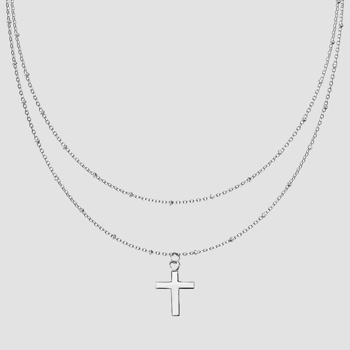 Cross pendant with petite beads on double layered necklace steel - Shop-Tetuan