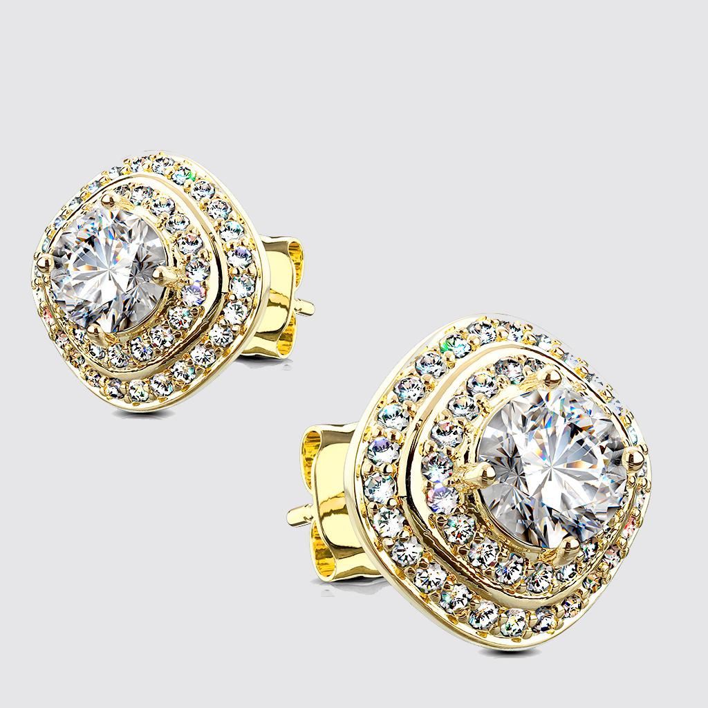Pair of .925 Sterling Silver CZ Paved Triple Tier Square Stud Earrings gold/clear