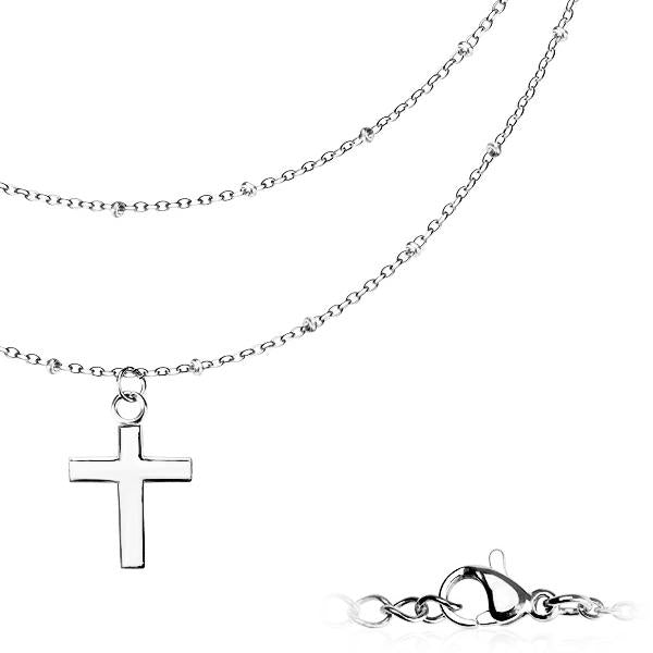 Cross pendant with petite beads on double layered necklace steel - Shop-Tetuan
